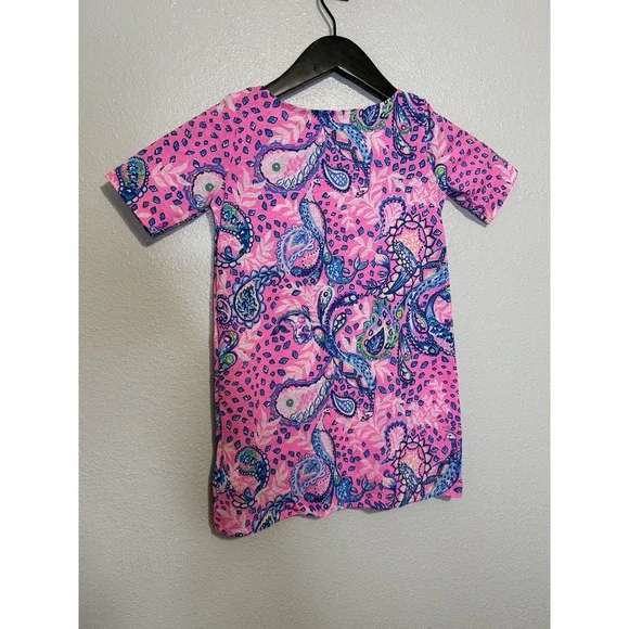 Lilly Pulitzer Girls Cotton Pink Blue Paisley Bird Short Sleeve Dress S 4/5 - Picture 7 of 7